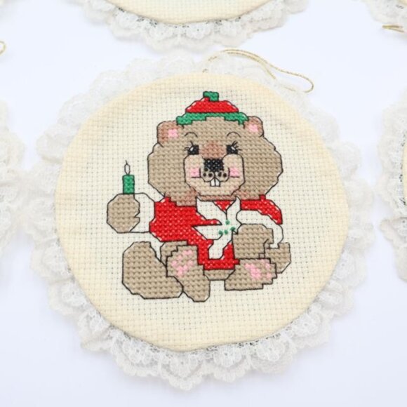 6 Vintage Christmas Ornaments Handmade Cross Stitch Lace Dog Cat Animals Felt - Picture 4 of 11